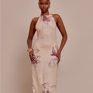 New Prettylittlething Elegant Floral Halter Dress